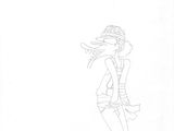 drawing of a woman in a hat and dress with a bird on her head