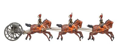four figurines of horses pulling a carriage with a man on it