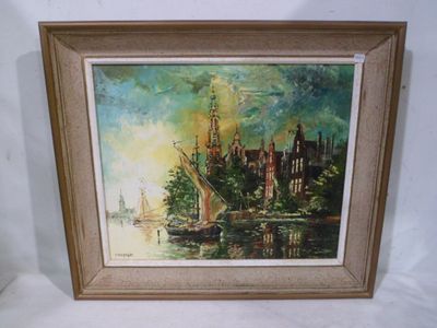 painting of a boat on a body of water with a castle in the background