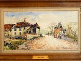 tableau représentant une calèche tirée par des chevaux sur un chemin de terre devant une maison