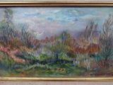 an oil painting of a landscape with trees and bushes