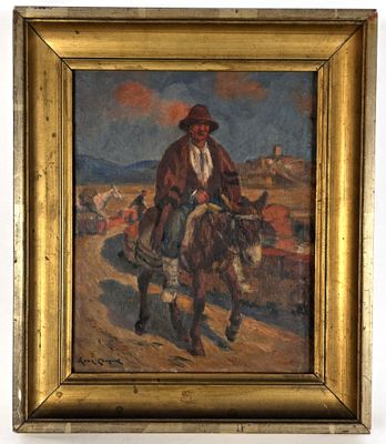 an oil painting of a man riding a horse on a dirt road