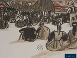 a drawing of a group of people in a field