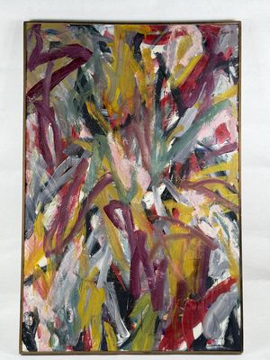 painting of a painting of a vase of flowers on a white surface