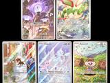 four different pokemon cards are shown in a row on a black background
