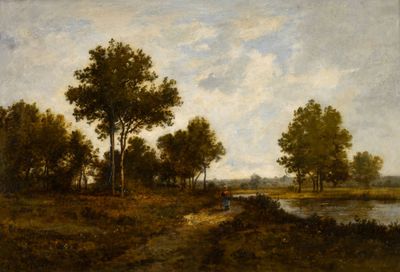 une image d'une peinture représentant un paysage avec des arbres et une rivière