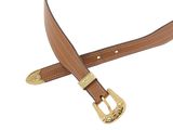 a close up of a brown leather belt with a gold buckle