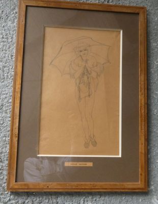 dessin représentant une femme tenant un parapluie, encadré et posé sur un tapis