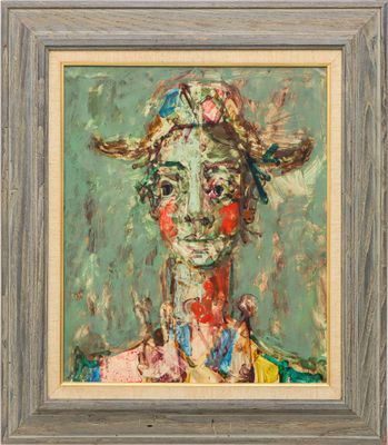 a painting of a woman with a hat on her head