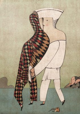 an illustration of a man carrying a woman on his back