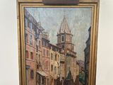 peinture d'une scène de rue avec un clocher d'église en arrière-plan