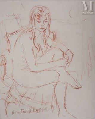 drawing of a woman sitting in a chair with her legs crossed