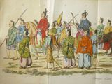 a drawing of a group of people riding on horses