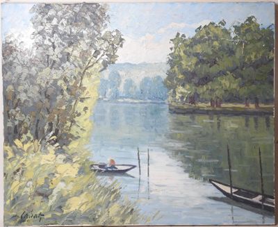 une peinture représentant un homme dans un bateau sur l'eau