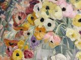 a painting of flowers in a glass vase on a table