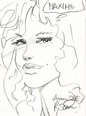 dessin représentant le visage d'une femme avec une pancarte au-dessus de sa tête