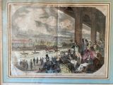 painting of a group of people sitting in a room with a view of a city