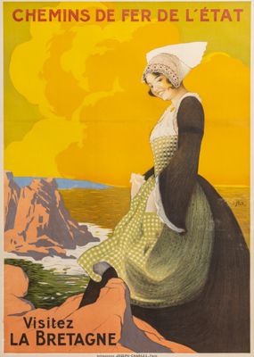 une affiche représentant une femme en robe et chapeau, assise sur un rocher