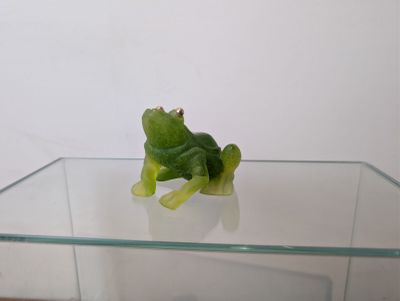 une grenouille verte assise sur une table en verre
