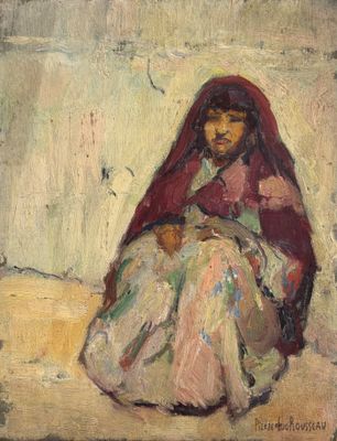 une peinture à l'huile représentant une femme vêtue d'un châle rouge, assise par terre