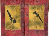 two pictures of a bird on a red and gold book