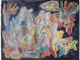 painting of a group of people with umbrellas in a dark room