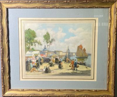 tableau encadré représentant une scène de plage avec des personnes assises sur le sable