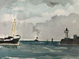 a painting of a boat in the water near a lighthouse