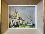 painting of an old church with a clock tower in the background