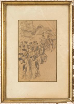une image représentant un dessin d'un groupe de personnes marchant dans une rue
