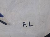painting of a blue bird on a white wall with the word f l painted on it