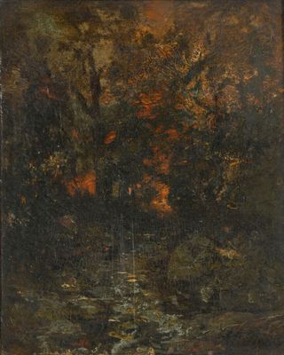 a painting of a stream in a wooded area with trees in the background
