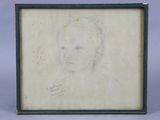 an old drawing of a young girl in a blue frame