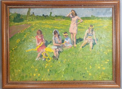 un tableau représentant un groupe d'enfants jouant dans un champ