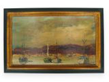 an oil painting of boats in a harbor with mountains in the background