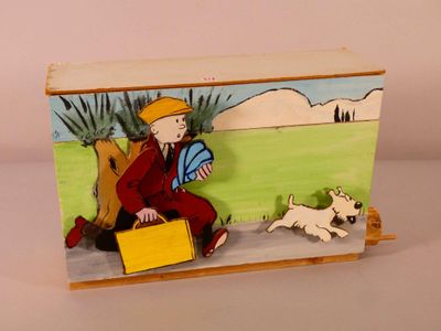 painting of a man sitting on a bench with a suitcase and a dog