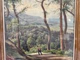 une peinture à l'huile représentant un homme marchant sur un sentier dans une zone boisée