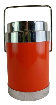 an orange ice bucket with a metal handle on a white background