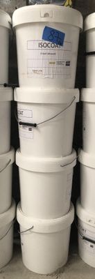 several white buckets stacked on top of each other on a shelf