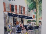 a painting of a woman sitting outside of a cafe