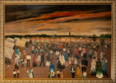 an oil painting of a crowd of people standing in a field