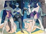 painting of three women in swimsuits sitting on a bench