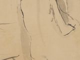an old drawing of a woman sitting on the floor with her head in her hands