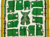 foulard carré vert et blanc orné d'une image représentant une femme en robe verte