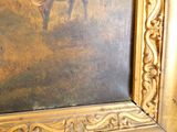 une peinture représentant un homme à cheval dans un champ