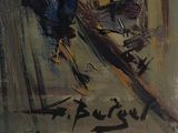 an oil painting of a man riding a snowboard down a snow covered slope