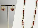 necklace and earring set with red glass beads and gold plated chain
