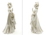 two pictures of a statue of a woman holding a bouquet