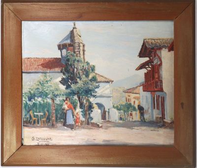 an oil painting of a village scene with a church in the background