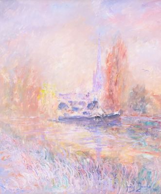 a painting of a boat in the water near a shore